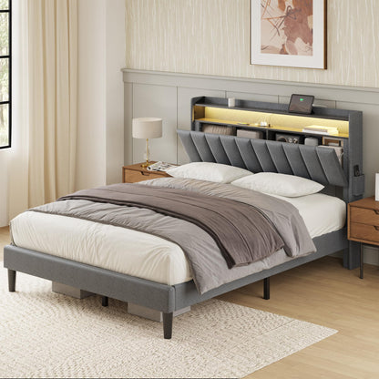 Modern Upholstered FYRENA Queen Bed Frame with Storage Headboard, LED Lights, USB Ports & Strong Wood Slats Support - WoodArtSupply