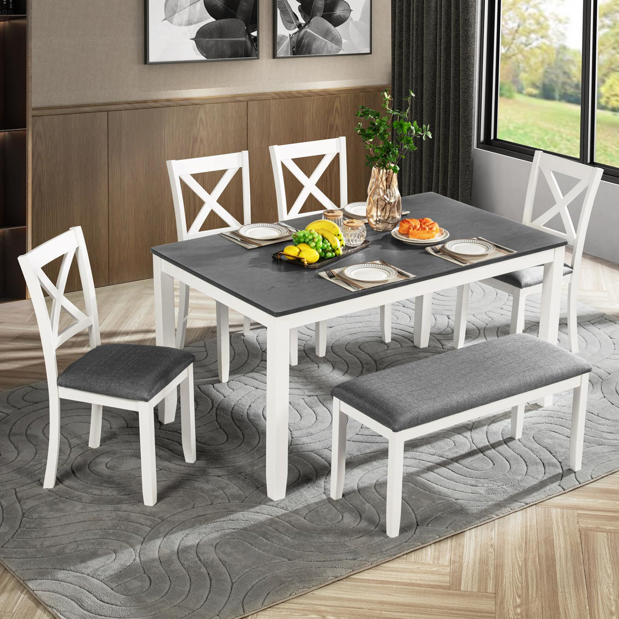 Harper & Bright Designs 6-Piece Dining Set with Bench, Kitchen Table Set with Wood Table, Upholstered Bench and 4 Cross Back Dining Chairs, White+Gray Harper & Bright Designs