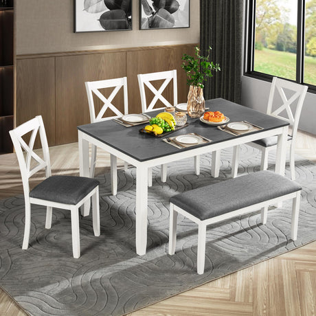 Harper & Bright Designs 6-Piece Dining Set with Bench, Kitchen Table Set with Wood Table, Upholstered Bench and 4 Cross Back Dining Chairs, White+Gray Harper & Bright Designs