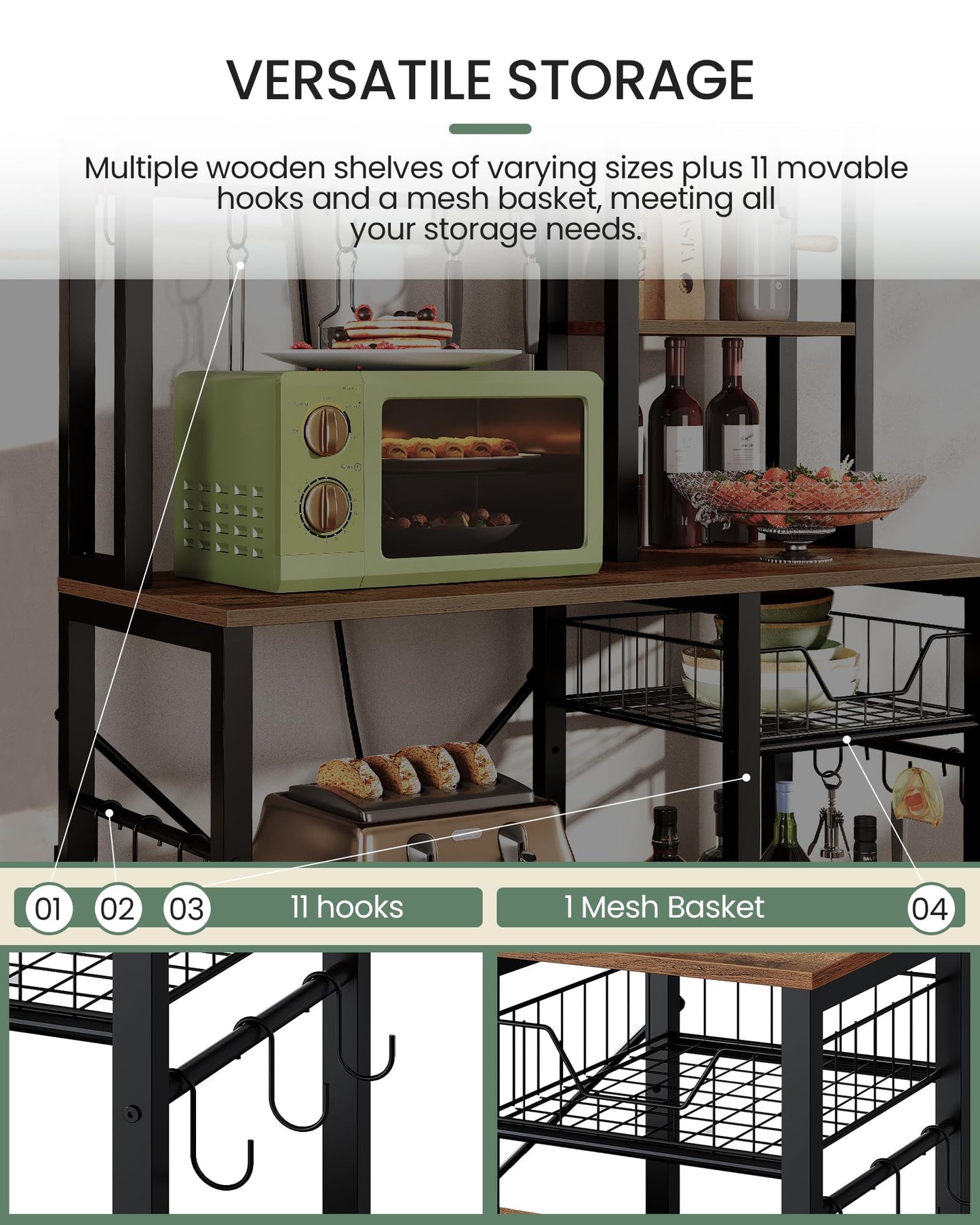 Kitchen Bakers Rack with Power Outlet, Microwave Stand with Multiple Shelves, Floor Standing Bakers Rack, Coffee Bar with Mesh Basket, for Kitchen, Dining Room, Rustic Brown and Black THB01UBF