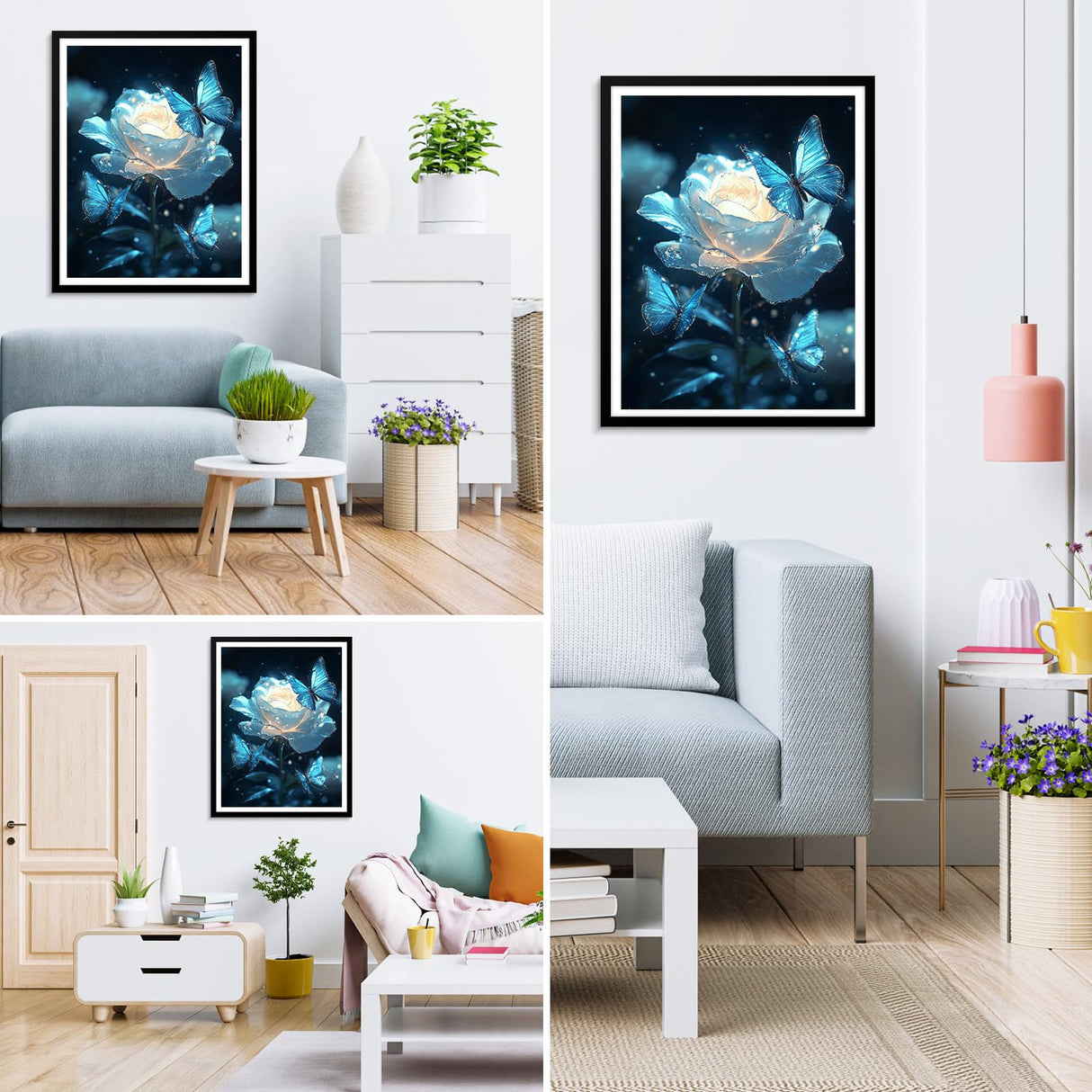 MXJSUA Blue Roses Diamond Painting Kits for Adults, 5D Blue Butterflies Diamond Art Kits for Beginners, DIY Full Drill Crystal Gem Painting Kits for Home Wall Decor 12x16 Inch MXJSUA