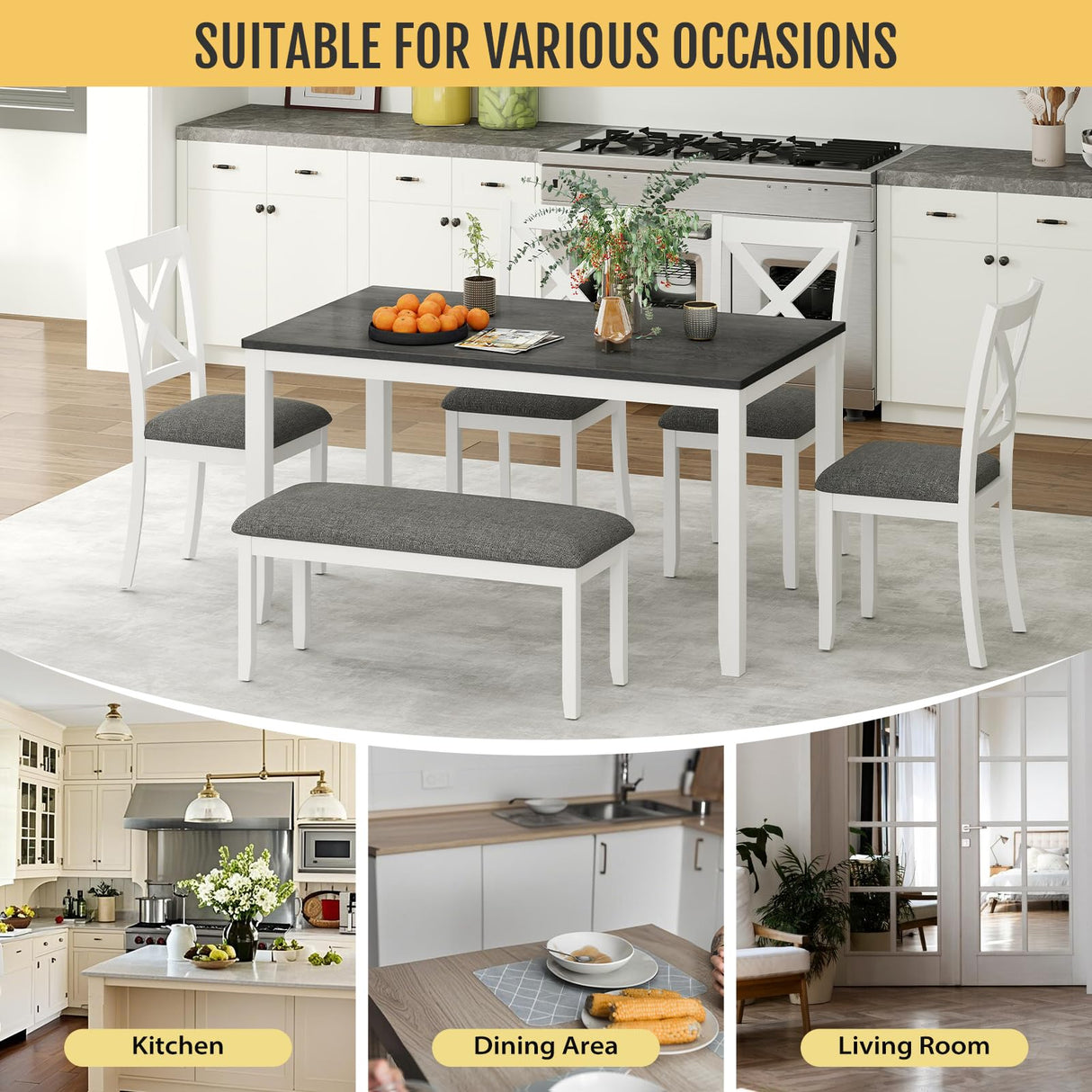 Zevemomo 6-Piece Solid Wood Dining Table Set, Including 1 Dining Table, 4 Upholstered Chairs and 1 Bench, Wooden Legs Dining Table Set for Dining Room, Kitchen, Restaurant, White Zevemomo