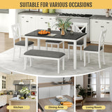 Zevemomo 6-Piece Solid Wood Dining Table Set, Including 1 Dining Table, 4 Upholstered Chairs and 1 Bench, Wooden Legs Dining Table Set for Dining Room, Kitchen, Restaurant, White Zevemomo