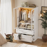 71" Tall Farmhouse 2 Doors Armoire Wardrobe Closet with 2 Drawers and LED, Wooden Armoire Storage Cabinet, Freestanding Closet Wardrobe Cabinet for Bedroom with Hanging Rod, Adjustable shelve(White) SDMY