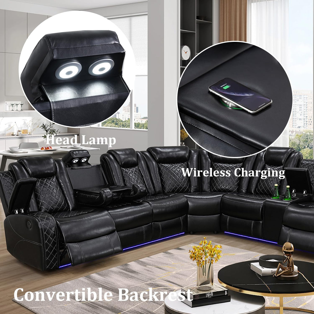 SIENWIEY Power Reclinier Sectional Sofa Set,Black Leather Reclining Sectional Modular Sofa Set with Loveseat,L Shaped Leather Couch with LED Light for Living Room/House/Apartment/Lounge(L+Loveseat) SIENWIEY