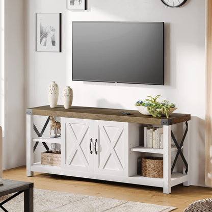 IDEALHOUSE Farmhouse TV Stand for 65/60/55 Inchs, Wood TV Table Media Console for Living Room, Bedroom, Mid Century Modern Entertainment Center with Storage Cabinets and Open Shelves(White) - WoodArtSupply