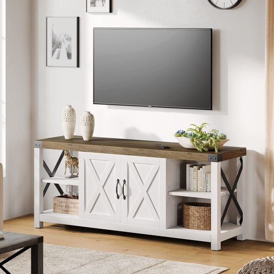 IDEALHOUSE Farmhouse TV Stand for 65/60/55 Inchs, Wood TV Table Media Console for Living Room, Bedroom, Mid Century Modern Entertainment Center with Storage Cabinets and Open Shelves(White) - WoodArtSupply