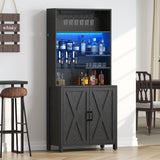 DWVO Farmhouse Bar Cabinet w/LED Lights, 71" Tall Wine Bar Cabinet for Liquor & Glasses, 4-Bottle Liquor Dispenser & Wine Rack, Kitchen Cabinet w/Storage, Black DWVO