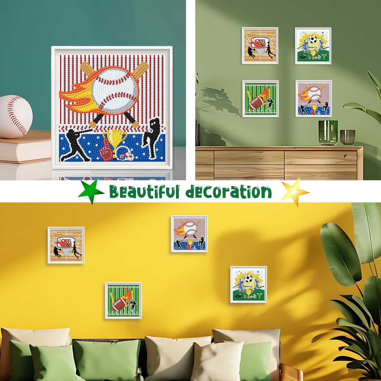 Cheerupp 4 Pcs Sports Diamond Art Kits for Kids, Basketball Football Baseball Soccer DIY Creative Diamond Art Sticker Craft by Number for Adults Beginner, Full Round Drill Gem Art for Home Wall Decor Cheerupp