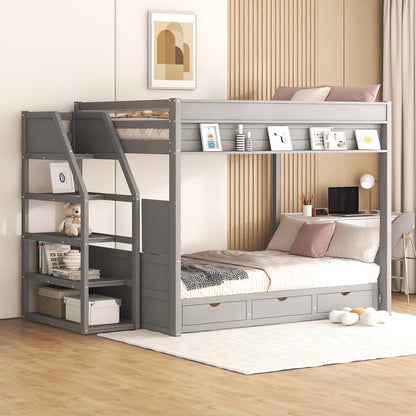 Convertible Full over Full Futon Bunk Bed with Stairs, Built-in Shelf, and Drawers in Grey - Harper & Bright Designs - WoodArtSupply