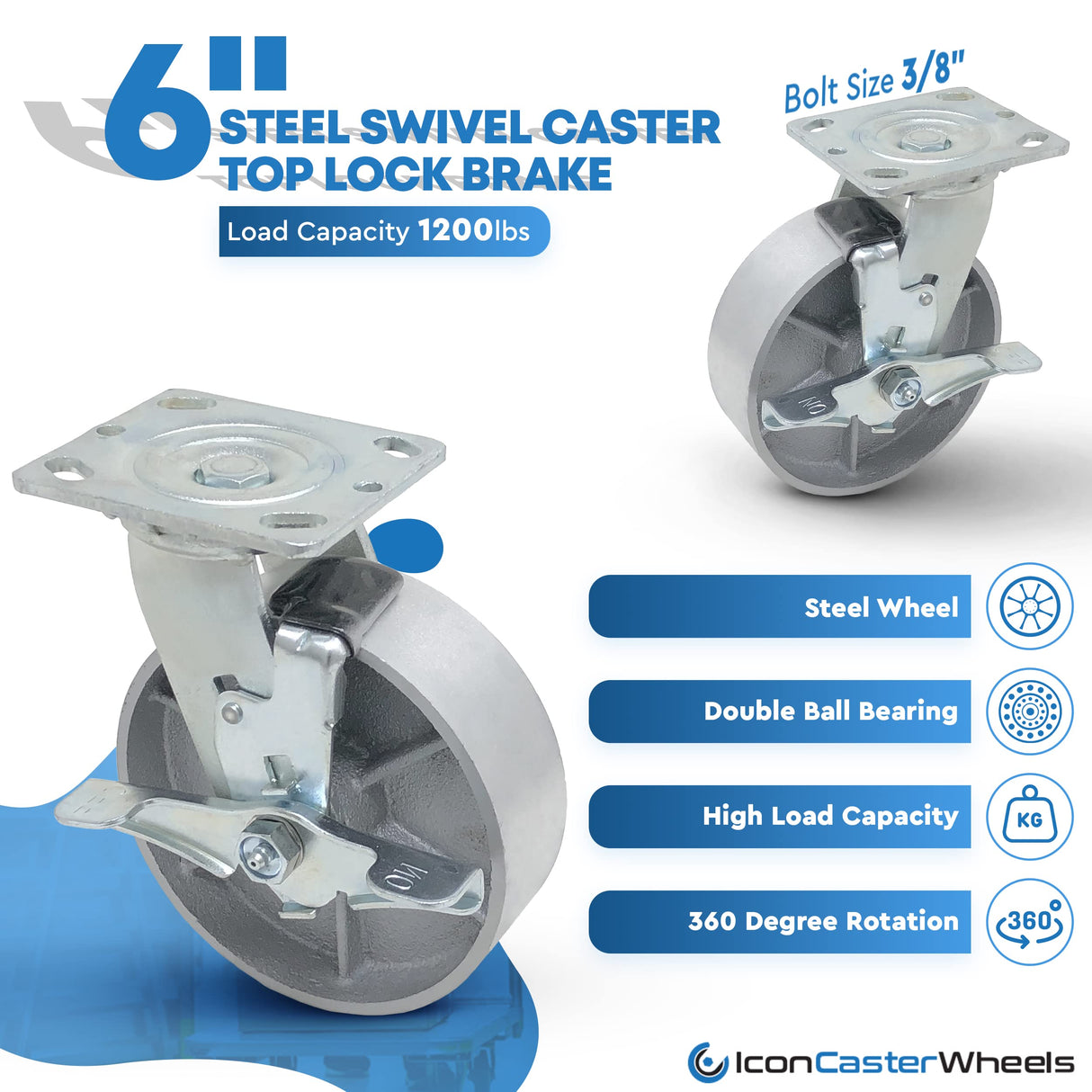 6 inch x 2 inch STEEL Heavy Duty Industrial Casters, 4 Swivel Top Lock Brake Top Plate Casters, 4800 LBS Load Capacity (4-PACK) - ICON 6600 SERIES ICONCASTERWHEELS