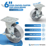 6 inch x 2 inch STEEL Heavy Duty Industrial Casters, 4 Swivel Top Lock Brake Top Plate Casters, 4800 LBS Load Capacity (4-PACK) - ICON 6600 SERIES ICONCASTERWHEELS