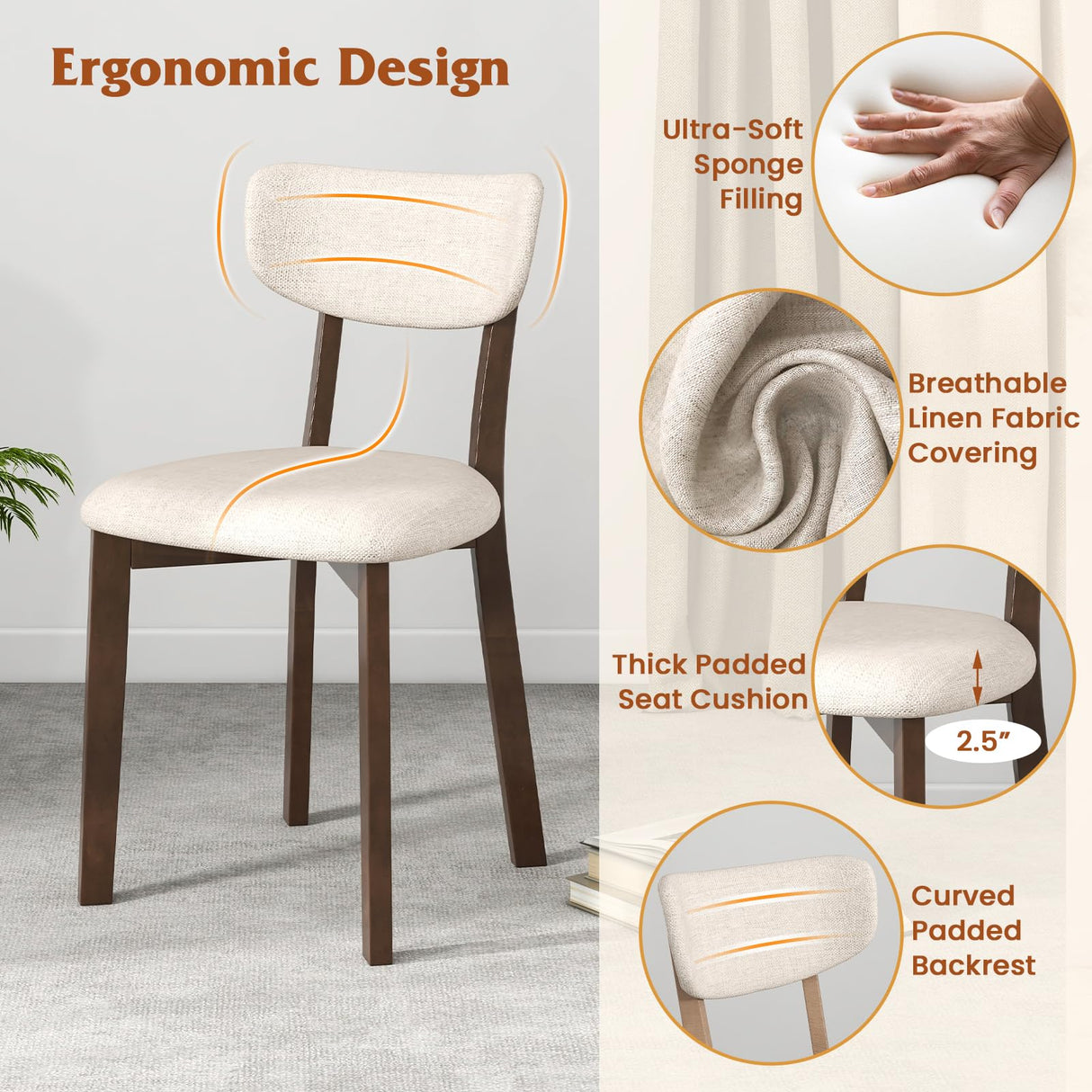 GOFLAME 5-Piece Dining Table Set for 4, Farmhouse Kitchen Table & 4 Upholstered Chairs with Rubber Wood Frame, Padded Seat, Curved Backrest, Space-Saving Dinette Set for Dining Room, Small Space GOFLAME