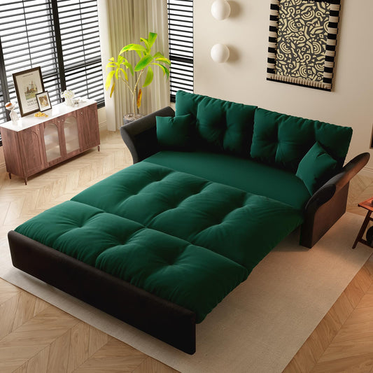 CALABASH 74.8" Futon Sofa Bed Queen Size, Pull Out Bed, 3-in-1 Convertible Sleeper Loveseat Sofa with 2 Soft Pillows, Modern Velvet Futon Couch for Living Room, Apartment, Bedroom, Small Space, Green