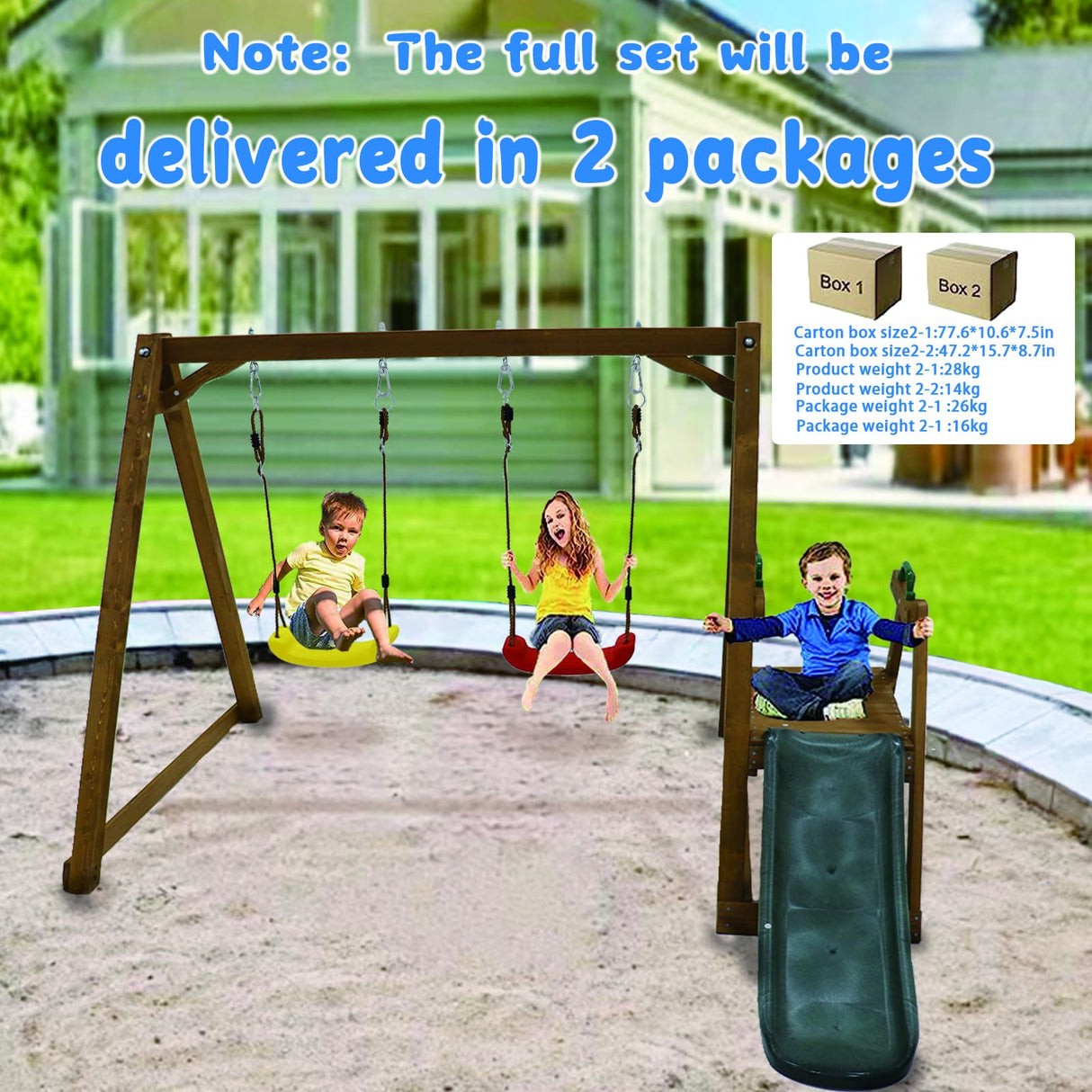 POPUQUEEN Kids Swing Set Outdoor and Slide - Sturdy Solid Wood Swing Frame with Climbing Ladder - Natural POPUQUEEN