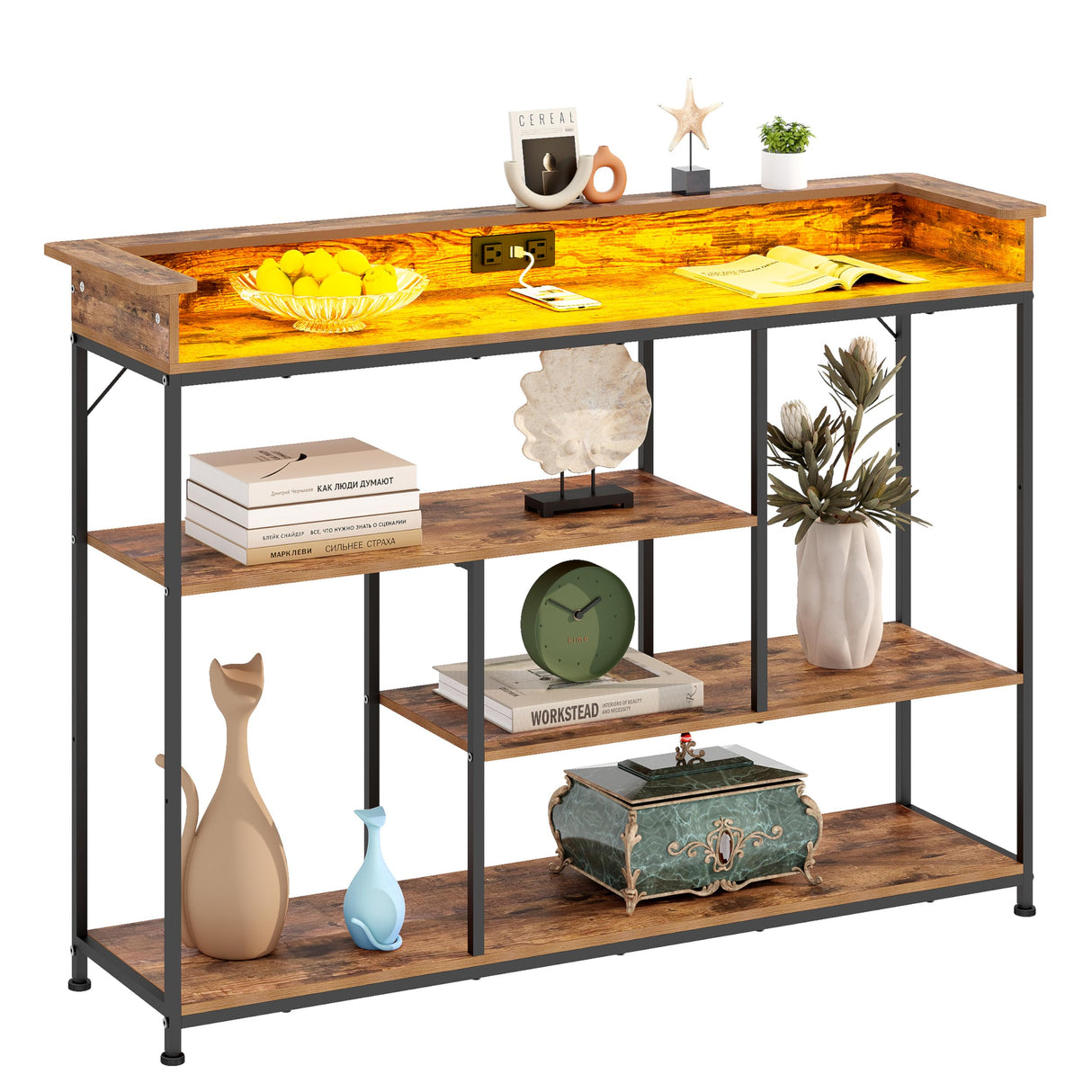 Welfuturer Console Table with Outlets and USB Ports 4Tier Sofa Table with LED Light and Open Shelves Industrial Entryway Hallway Side Table for Living Room Foyer Couch Hallway Rustic Brown Welfuturer
