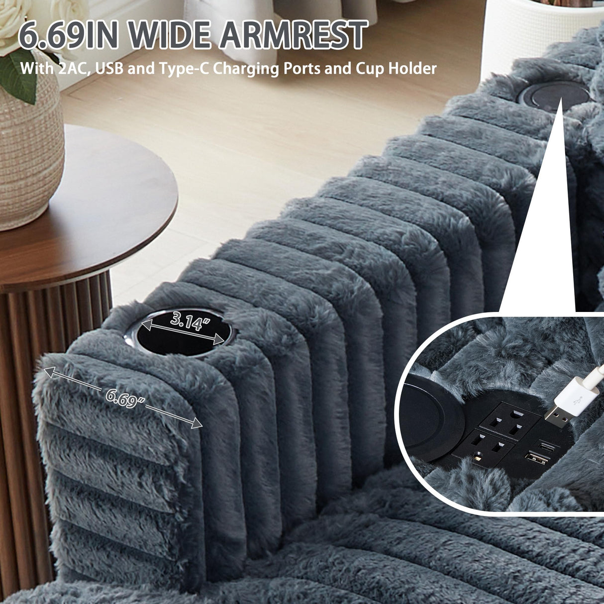 RARZOE 64'' Oversized Chaise Lounge Chair Indoor, Plush Faux Rabbit Fur Sleeper Sofa Bed with 4 Pillows, Charging Station & Cup Holders, Fluffy Comfy Cloud Couch Loveseat Sofa for Living Room,Grey RARZOE