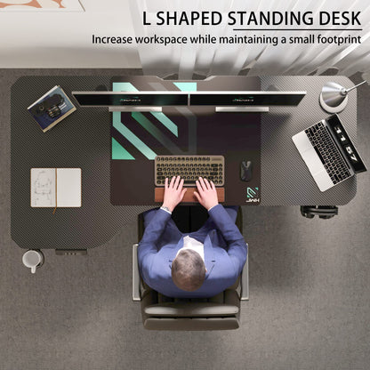 JWX L Shaped Electric Standing Desk, 63 Inches Stand Up Corner Desk, Home Office Sit Stand Desk with Carbon Firben Top, Black Frame & Caster Wheels Set… - WoodArtSupply