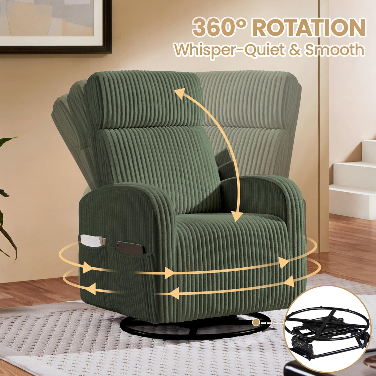 Yaheetech 360° Swivel Glider Chair for Nursery, Rocking Chair Nursing Chair with Side Pockets, Corduroy Glider for Living Room with High Back Dark Green Yaheetech