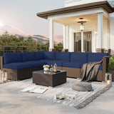 SUNCROWN 7-Piece Outdoor Patio Furniture Sofa Set All-Weather Wicker Sectional Conversation Set with Modern Glass Coffee Table and Cushions-Dark Blue SUNCROWN
