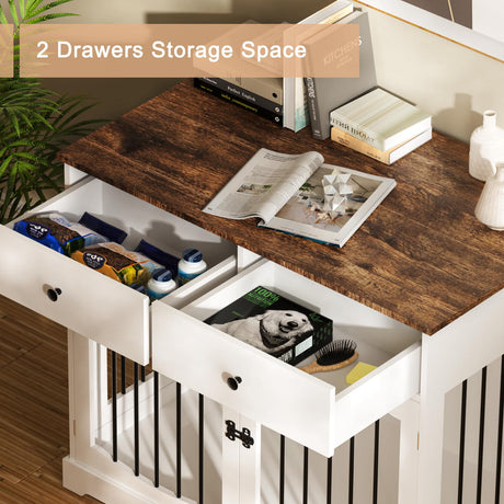 BREEZEHEAT 40 inch Dog Crate Furniture-Farmhouse Dog Kennel with Drawers-End Table Wooden Pet Crate, Double Door Design, Decorative Dog House Indoor for Small Medium Large Dog, White BREEZEHEAT