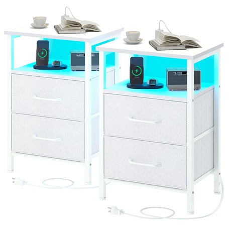TRIFEBLE Nightstands Set of 2, Night Stand with Charging Station and Led Lights, Bedside Table with 2 Fabric Drawers for Bedroom, Small Side End Table with Open Shelf, White TRIFEBLE