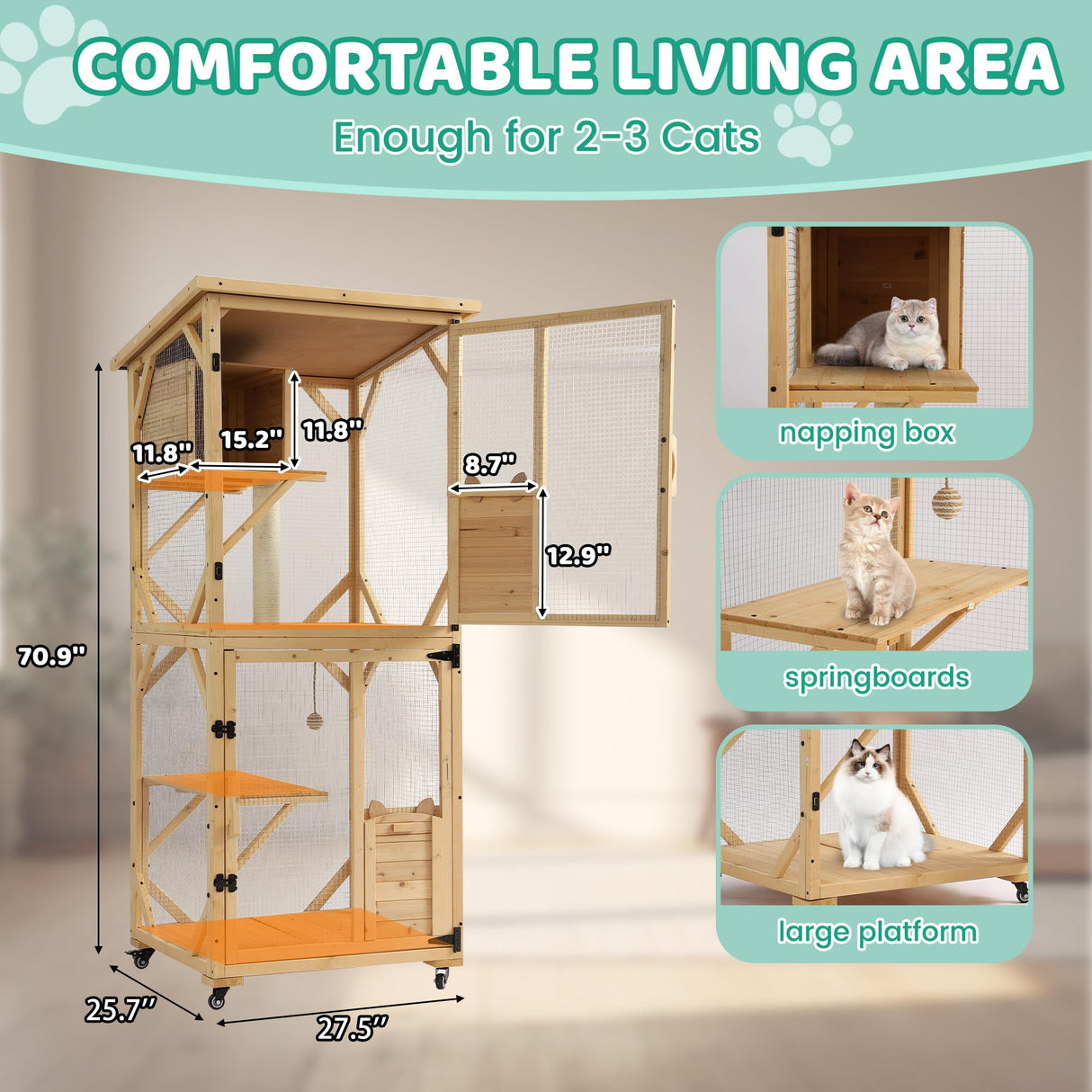 GIODIR 71" H Cat Catio Outdoor Cats Enclosure Window, 4 Tiers Cat Wooden House Cage on Wheels, Large Catios for Cats Indoor Patio with Waterproof Roof, Removable Floor and Scratching Post (Natural) GIODIR