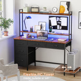Korfile Computer Gaming Desk with Hutch, Home Office Desk with Power Outlets, LED Light, 5 Storage Drawers, 2 Tiers Shelves for Display, 47 Inch Modern Study Writing Table for Bedroom, Rustic Brown Korfile