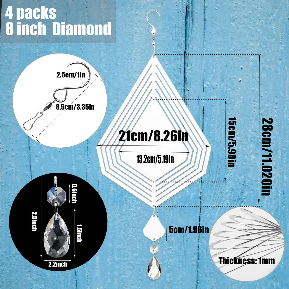4Pack 11inch Sublimation Wind Spinner Blanks 3D Aluminum Metal Wind Sculpture Kinetic Spinners for Yard and Garden Indoor Art Ornaments Hanging Decoration (Diamond) WindMage