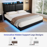 Jocoevol Full Size Floating Bed Frame with Ergonomic Hidden Storage Headboard and LED Lights, Visual Floating LED Bed Frame with Charing Station, Leather Upholstered Platform Bed, Heavy Duty, Black Jocoevol
