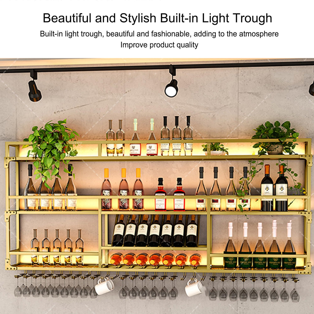 Wine Rack Wall Mounted Bar Shelves with Hanging Wine Glass Rack Liquor Bottle Display Shelf with LED Light Floating Bar Shelves Whiskey Shelf Kitchen Wall Cabinet for Home Bar Dining Room Cafe(Color:G JOSIAHCQ