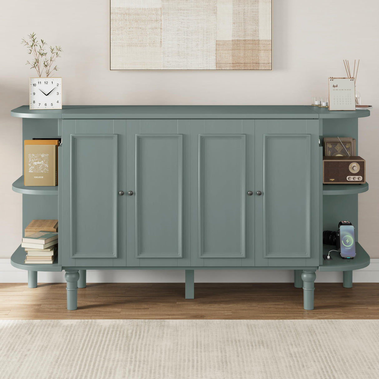 SIYSNKSI Farmhouse Style Queen Size Murphy Bed, Solid Pine Murphy Chest Cube Cabinet Bed with 2 Open Shelves for Home Office or Small Room (Venus Teal-Queen) SIYSNKSI