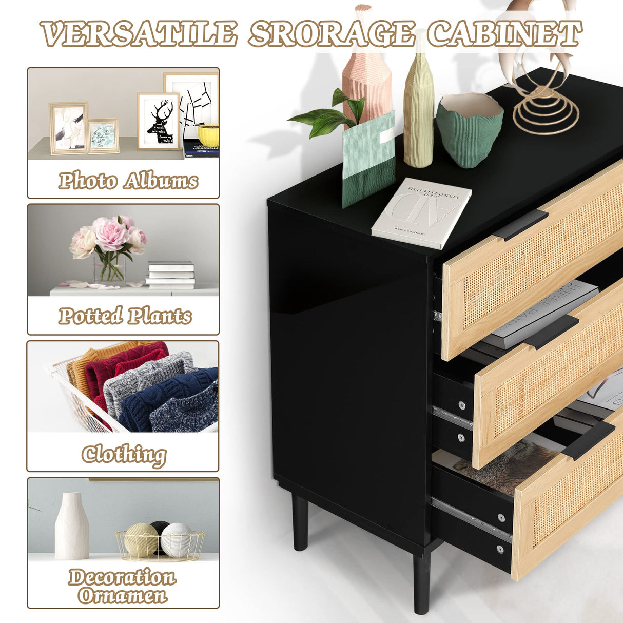 LAZZO Rattan 3 Drawer Wood Dresser Boho Large Storage Cabinet Nightstand Chest for Bedroom Mid Century Modern Chest of Drawers Wide Closet Dresser Storage Organizer LAZZO