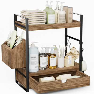 Aollewoiti 2-Tier Bathroom Counter Organizer with Drawer and Basket, Wood Countertop Organizer for Storage, Skincare Organizers for Vanity, Counter Shelf for Bathroom Organization(Dark Brown)