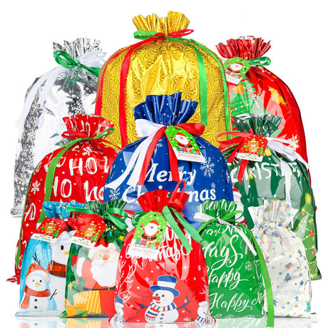 RBONIGHT |10 Seconds Wrapping Gift | 38PCS Christmas Drawstring Gift Bags of Assorted Sizes Small Medium Large Jumbo, Holiday Bags with Colorful Drawstrings for Xmas Party Favors,Christmas Presents RBONIGHT