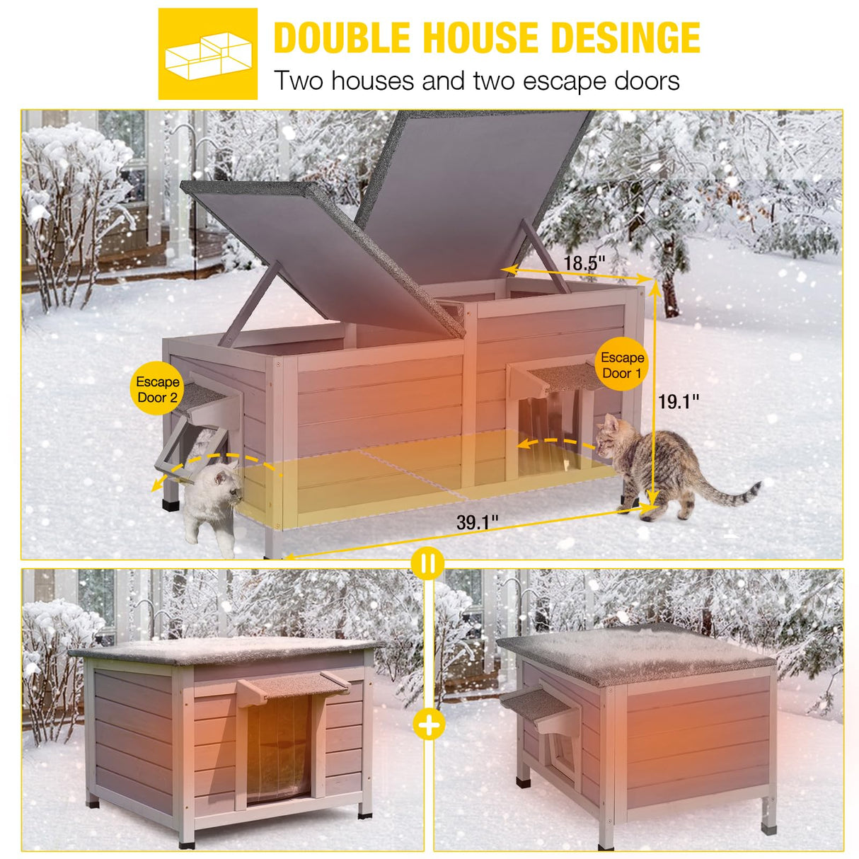 Aivituvin Outdoor Cat House Insulated Feral Cat Shelter Weatherproof for Winter Double Rooms Aivituvin