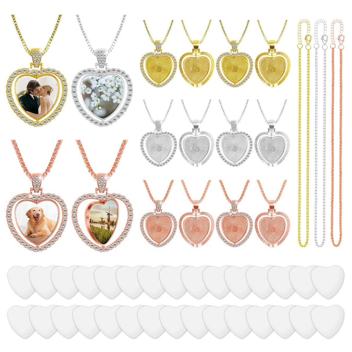 BEDSIFV 75 Pcs Sublimation Blank Rhinestone Bezel Necklace, 15 Pcs 3 Colors Double-Sided Heart Pendant Trays with Thick Necklace Chain BEDSIFV
