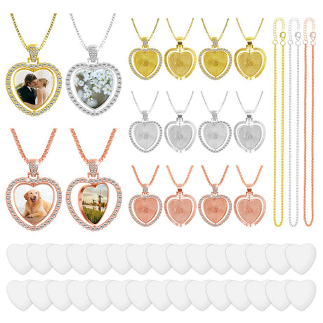 BEDSIFV 75 Pcs Sublimation Blank Rhinestone Bezel Necklace, 15 Pcs 3 Colors Double-Sided Heart Pendant Trays with Thick Necklace Chain BEDSIFV