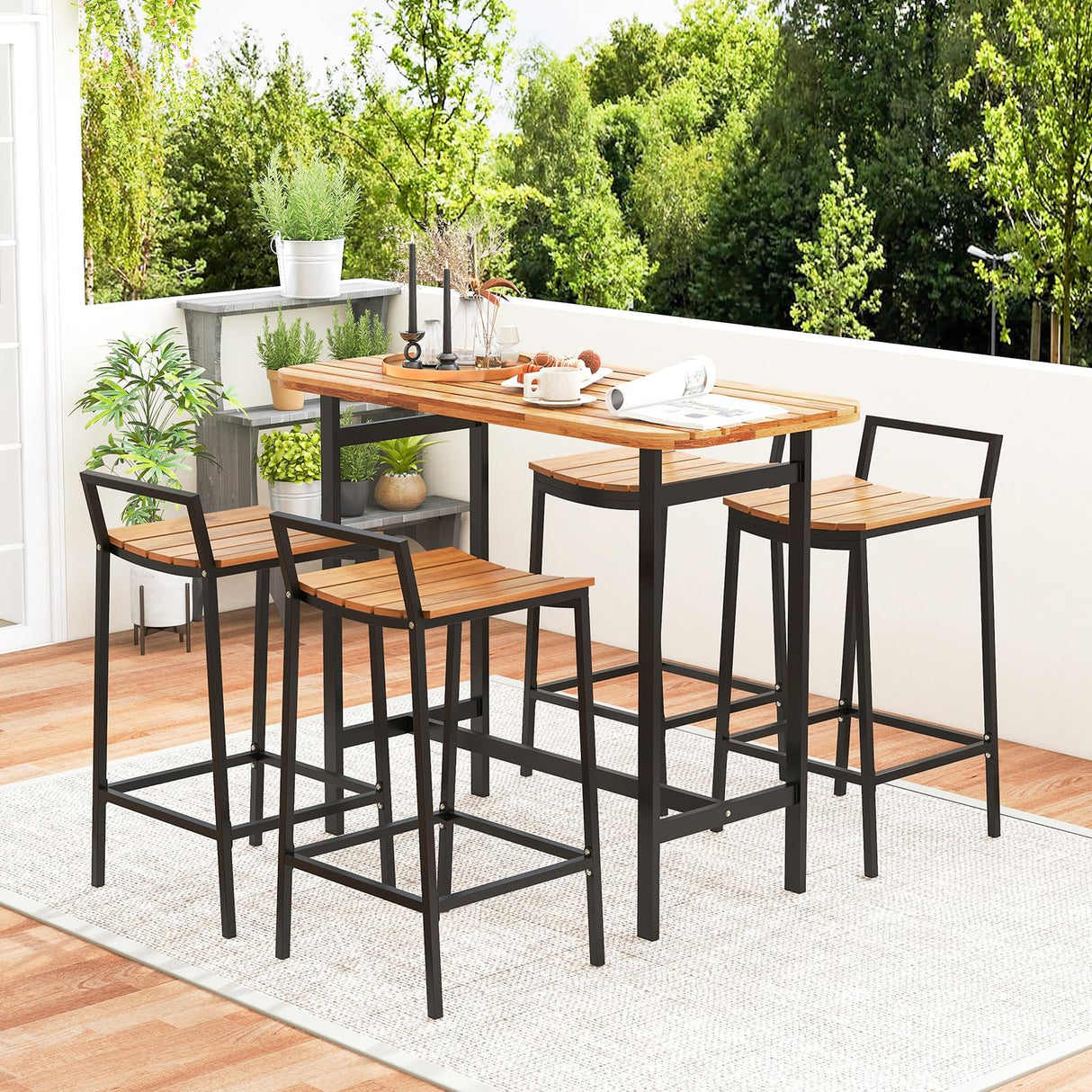 HAPPYGRILL 5-Piece Acacia Wood Outdoor Bar Set with Metal Frame & Footrest HAPPYGRILL