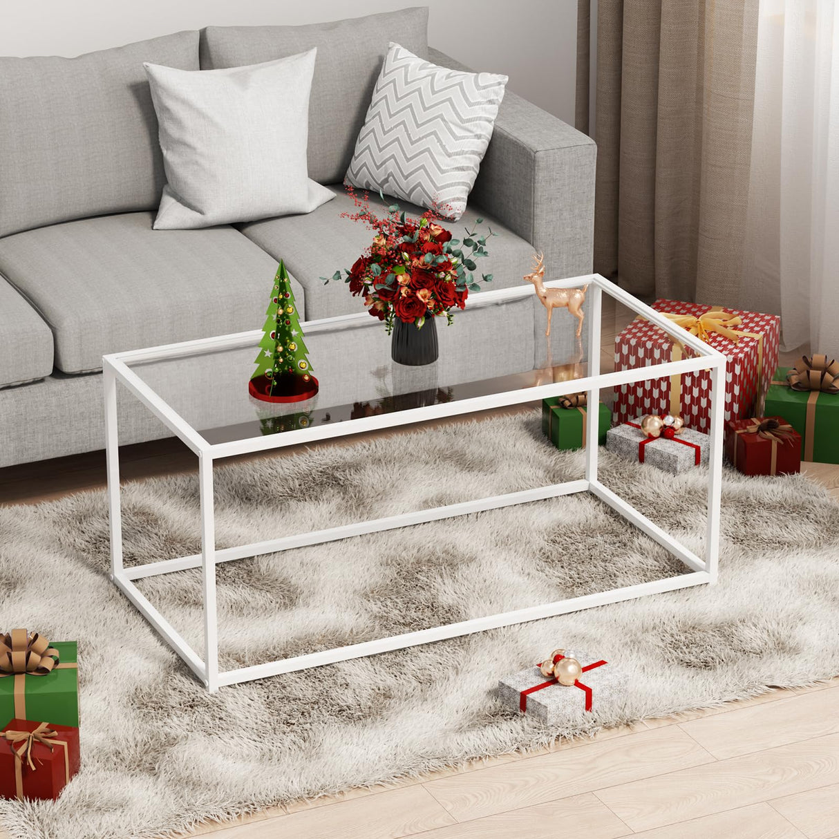 Coffee Table Glass Center Table,Modern Minimalist Coffee Table for Living Room,Tempered Glass-top with Sturdy Metal Frame, Easy Assembly,39.4 x 18.9 x 17.7 Inches,White Easy Paws