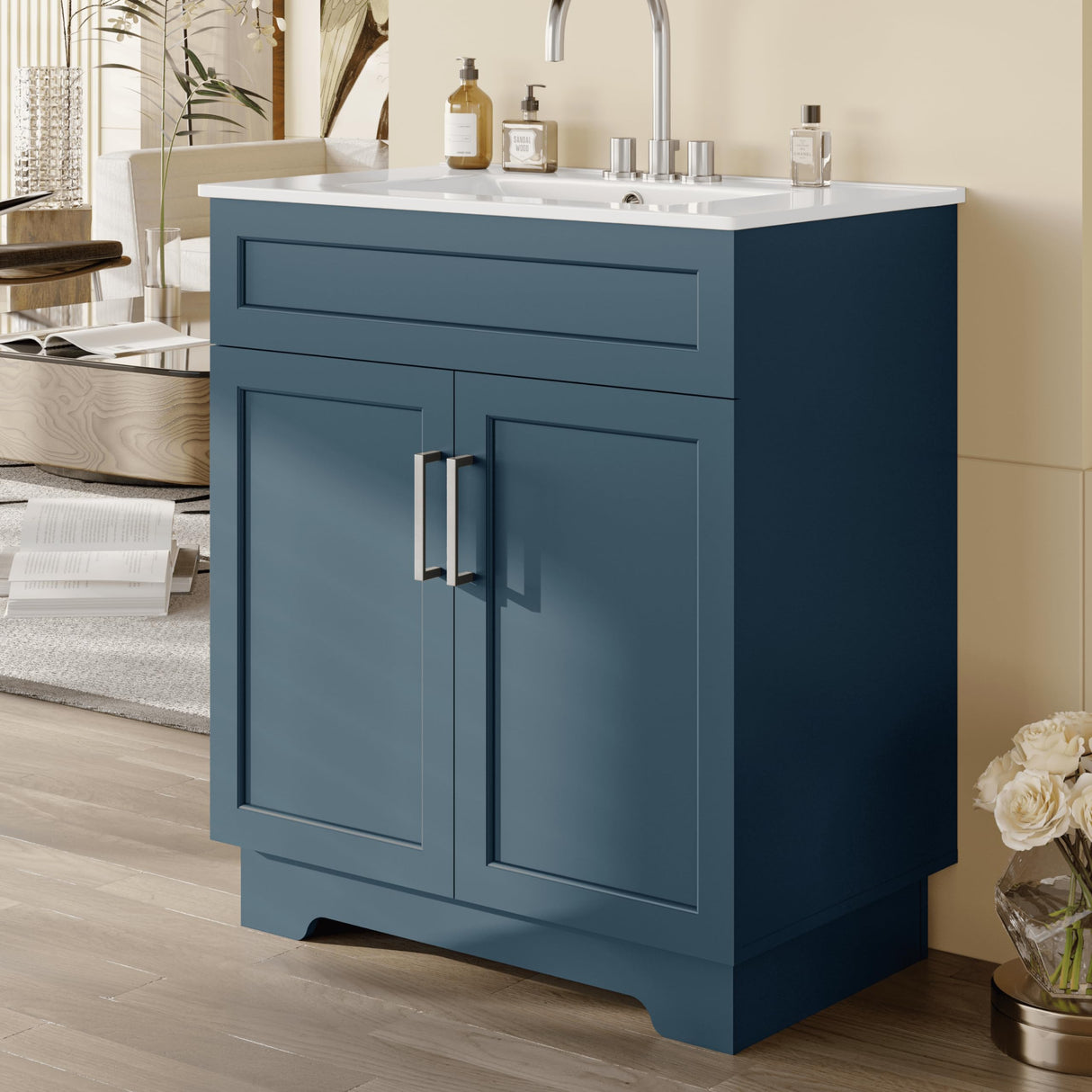 OLD CAPTAIN Bathroom Vanity with Ceramic Sink, 30" Freestanding Bathroom Cabinet Vanity with Storage, Quick Assembly Bathroom Vanity, Blue OLD CAPTAIN