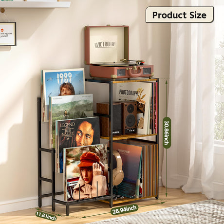 Record Player Stand, Turntable Stand with 4-Tier Vinyl Record Storage, Record Player Table Up to 200 Albums, End Table for Vinyl Records, Vinyl Record Stand for Living Room ThreeHio