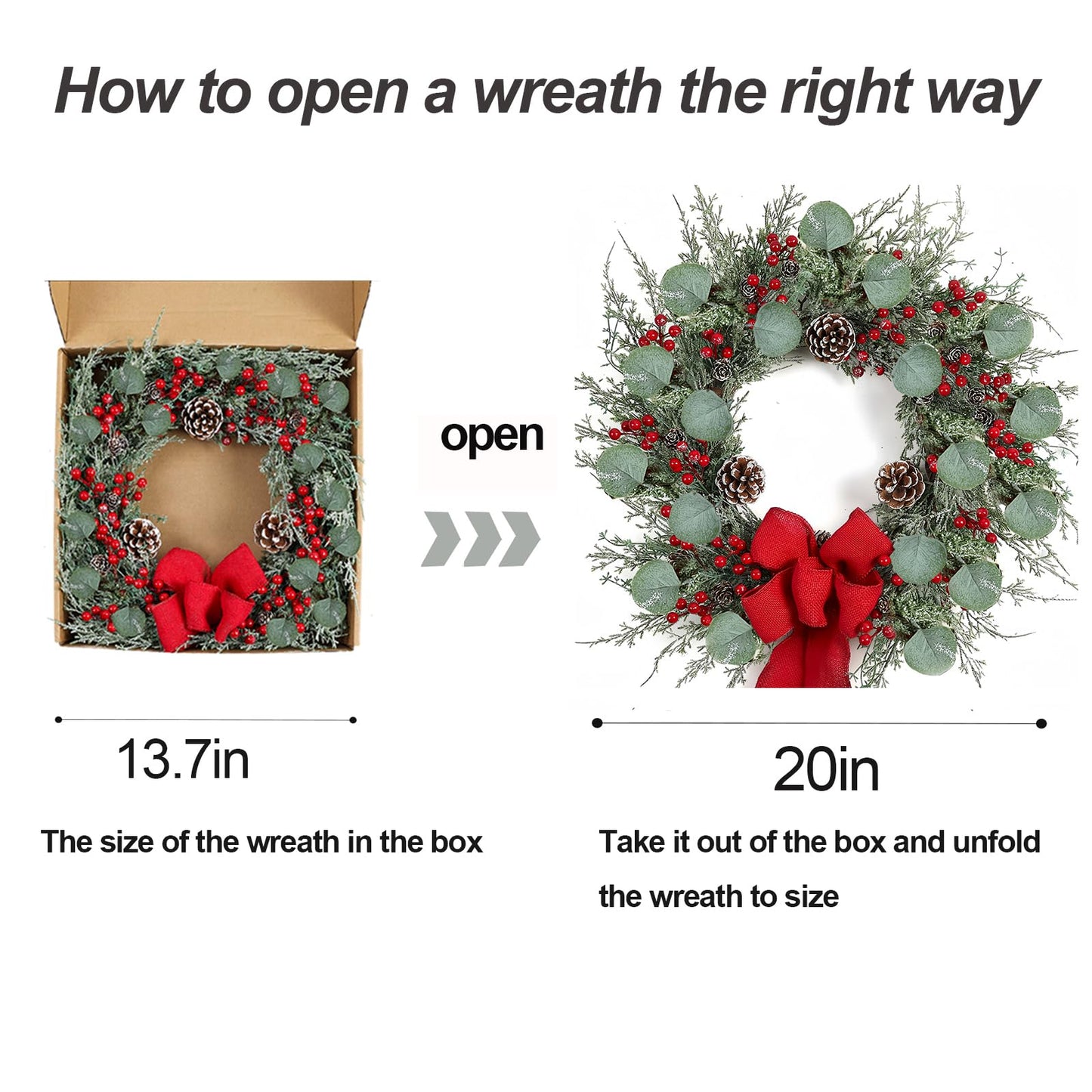 zjlmit 20 Inch Artificial Christmas Wreath Christmas Wreaths for Front Door with Pine Needles Pine Cones Red Berries Eucalyptus Leaves Red Bow for Home Office Wall Window Fireplace Winter Holidays