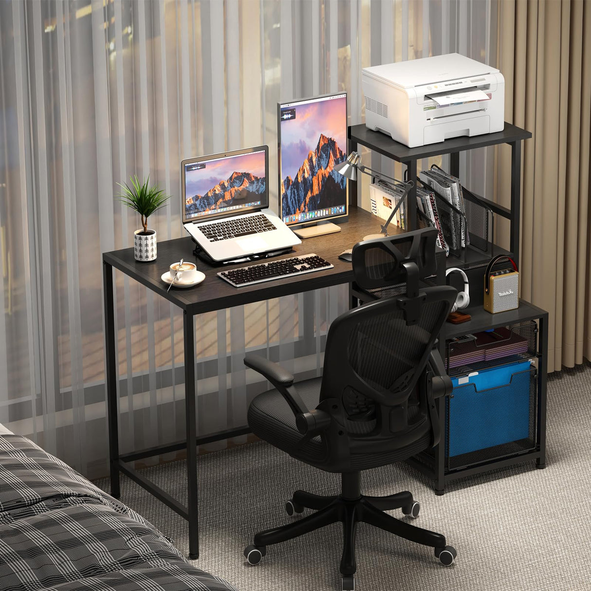 Sbanmao Computer Desk with Drawers and Storage Shelves, 47 Inch Home Office Desks with Mesh File Drawers Cabinet for Small Space,Gaming Study Writing Table for Bedroom,Black Sbanmao