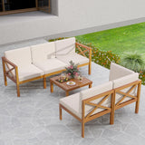 Tangkula 6 Pieces Acacia Wood Patio Furniture Set, Outdoor Sectional Conversation Set with Cushions and Coffee Table, L Shaped Corner Sofa Set for Garden, Porch, Poolside and Backyard (Off White) Tangkula