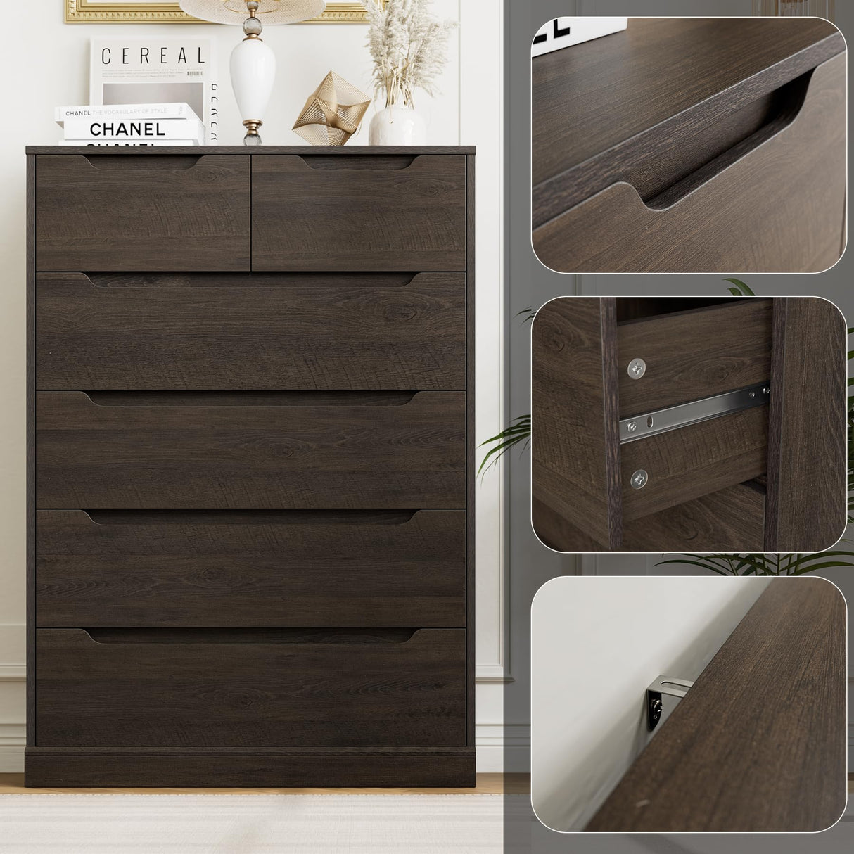 HOSTACK Modern 6 Drawer Dresser for Bedroom, Tall Chest of Drawers with Storage, Large Wood Storage Chest Organizer with Cut-Out Handle, Accent Storage Cabinet for Living Room, Hallway, Dark Brown HOSTACK