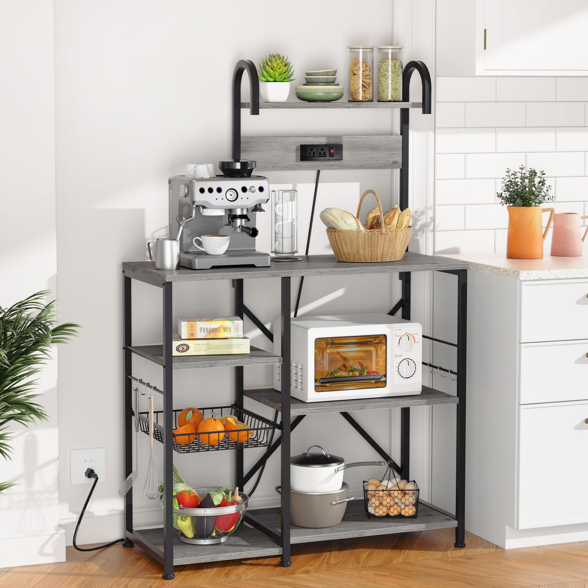 Shintenchi Kitchen Bakers Rack with Power Outlet, Multifunctional Organizer & Storage with 6 Hooks, Microwave Oven Stand, and Coffee Station Shelf, Grey Shintenchi
