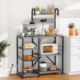 Shintenchi Kitchen Bakers Rack with Power Outlet, Multifunctional Organizer & Storage with 6 Hooks, Microwave Oven Stand, and Coffee Station Shelf, Grey Shintenchi