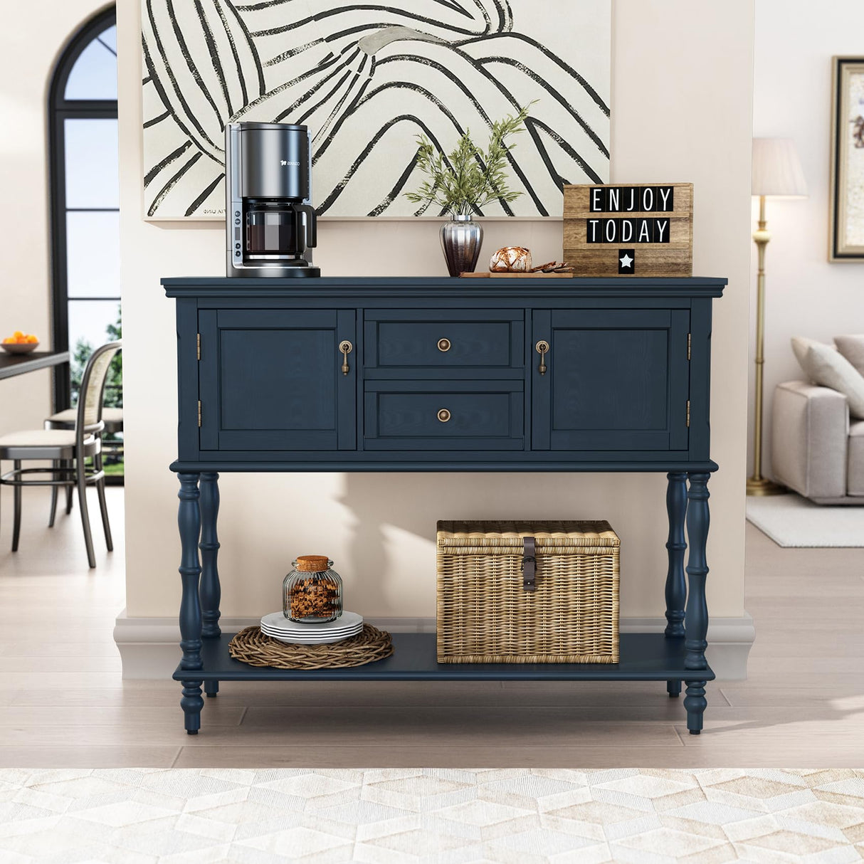 ARTPOWER Console Table with 2 Door, Open Storage Shelf and Retro Entryway Table with 2 Drawers Cabinets, Accent Table, Behind Couch Table for Living Room, Foyer and Hallway, Blue ARTPOWER