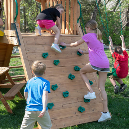 Backyard Discovery Endeavor II All Cedar Wood Swing Set Playset for Backyard with Yellow Wave Slide Climbing Wall with Rope Picnic Table Double Wide Rock Wall 2 Belt Swings and 1 Web Swing Gift